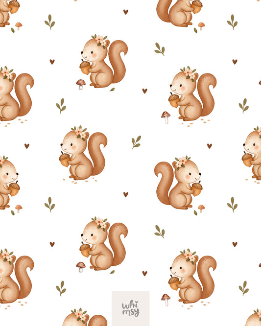 Squirrel and mushroom pattern in soft brown tones