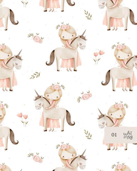 Little girl with unicorn non-exclusive seamless pattern