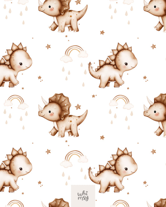 Baby dinosaur seamless pattern with rainbows and stars, white background
