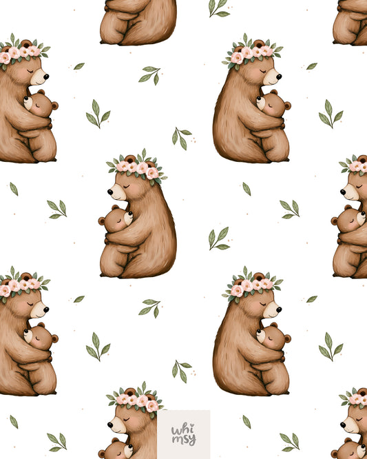 Mama bear and cub seamless pattern with flowers and leaves, white background