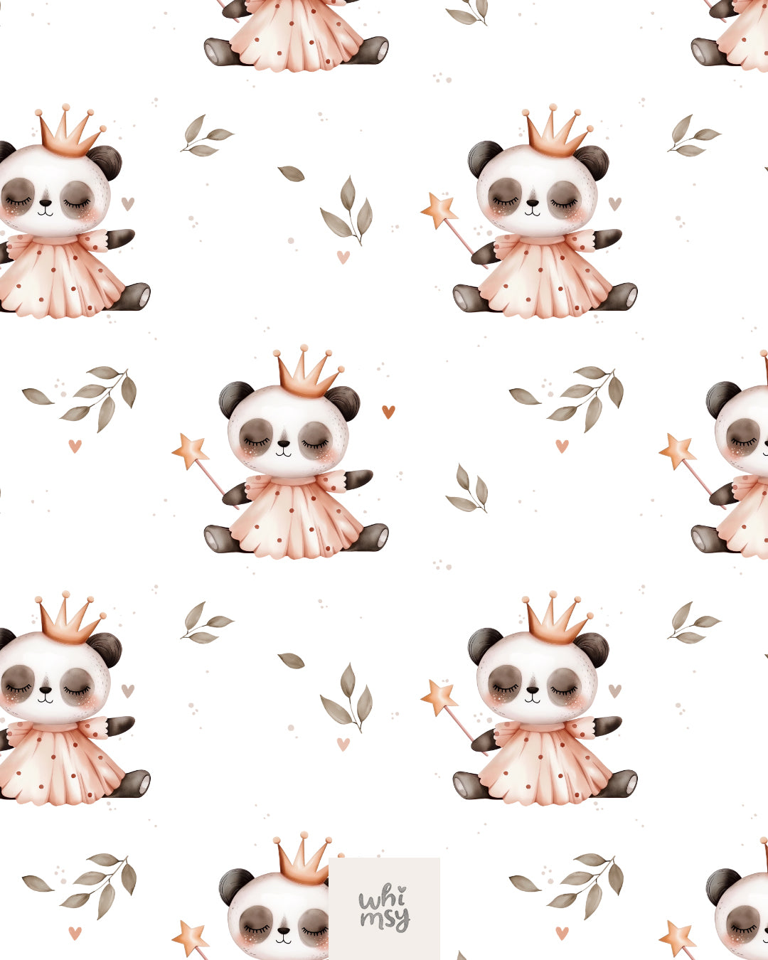 Princess panda seamless pattern with crown and magic wand, white background