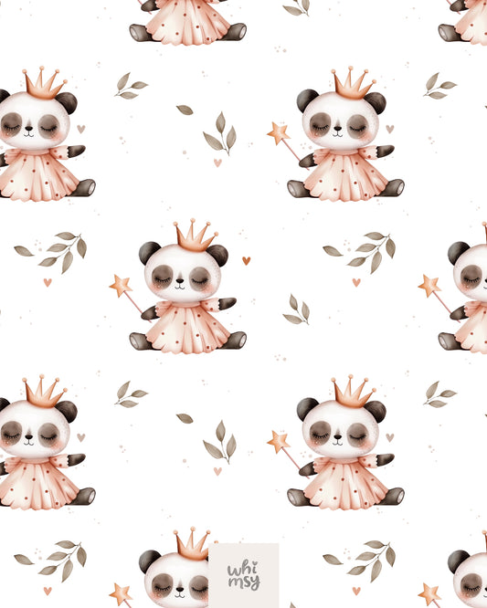 Princess panda seamless pattern with crown and magic wand, white background