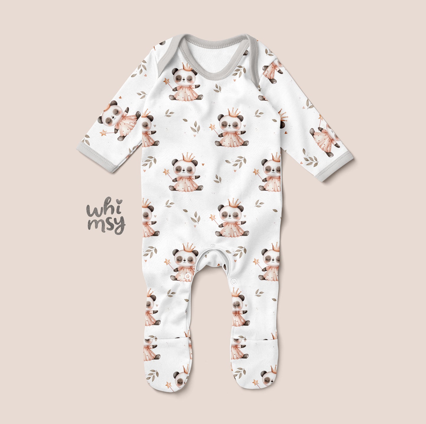 Princess panda seamless pattern with crown and magic wand, white background