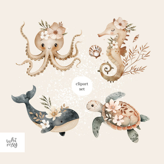 Sea animals PNG clipart set