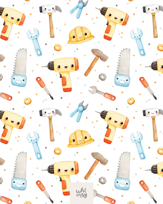 Cute tools seamless pattern with construction elements, white background
