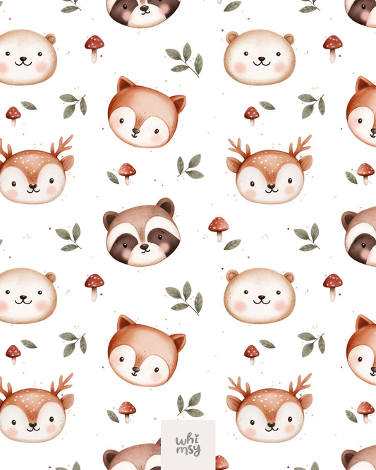 Woodland animal faces seamless pattern with mushrooms and leaves, white background