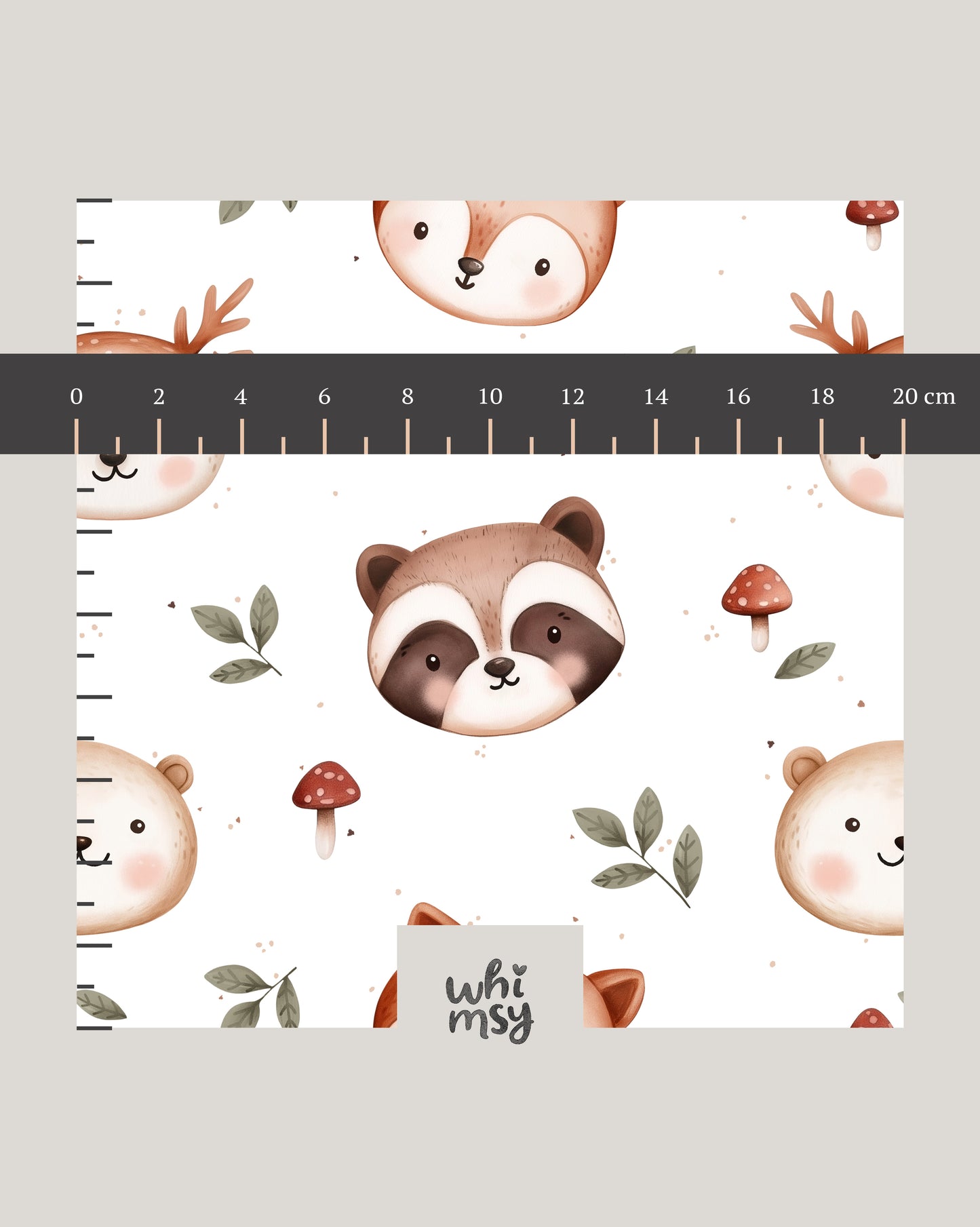 Woodland animal faces seamless pattern with mushrooms and leaves, white background