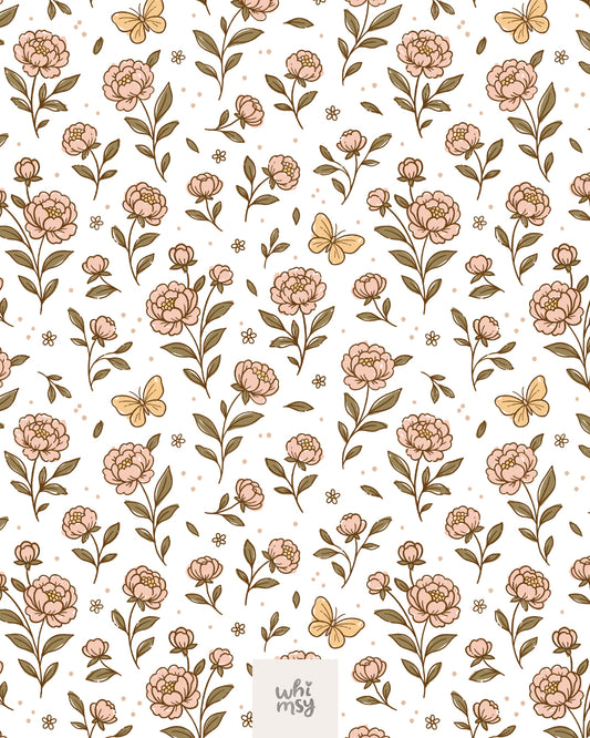 Vintage floral seamless pattern with peonies and butterflies, white background
