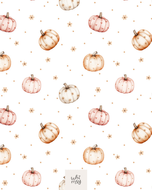 Soft pastel pumpkin seamless pattern with flowers, white background