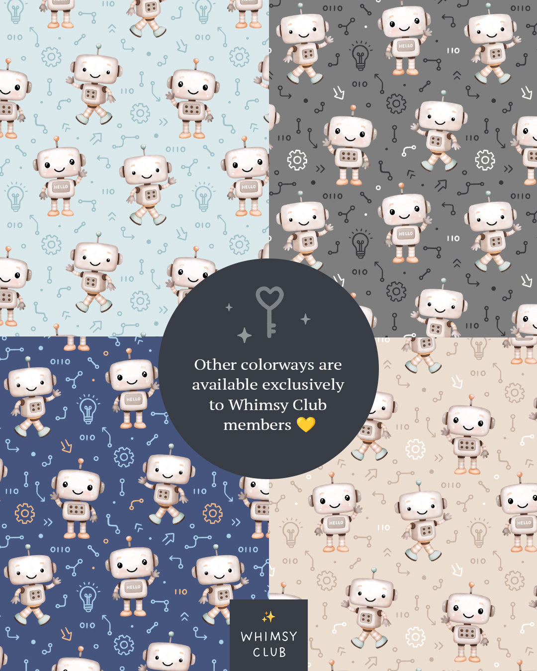 Robot seamless pattern with circuits and gears, white background