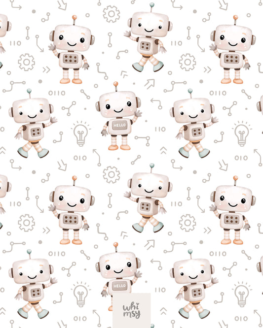 Robot seamless pattern with circuits and gears, white background