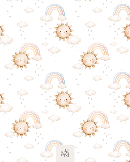 Sun and rainbow seamless pattern with clouds and stars, white background