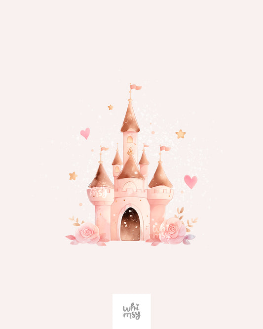 Princess Castle Clipart – Pink Fairytale Castle with Hearts and Flowers