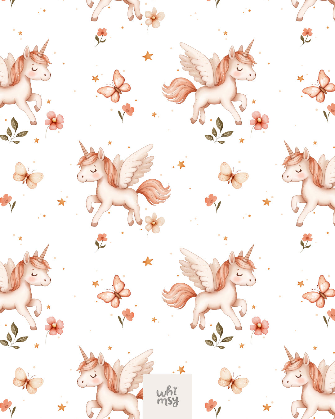 Unicorn seamless pattern with butterflies and stars, white background