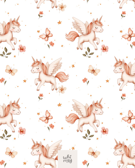 Unicorn seamless pattern with butterflies and stars, white background