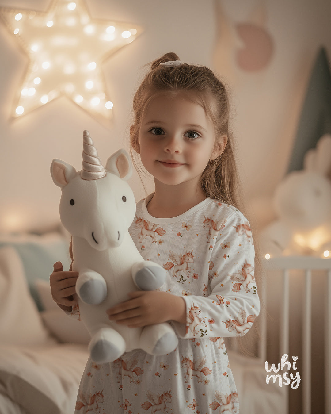 Unicorn seamless pattern with butterflies and stars, white background