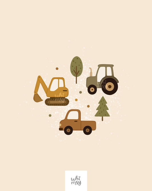 Construction vehicles clipart – tractor, excavator, pickup truck in warm earthy tones