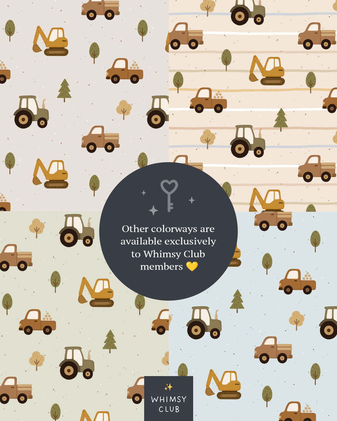 Construction vehicles seamless pattern with trucks, diggers and trees, white background
