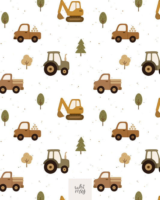 Construction vehicles seamless pattern with trucks, diggers and trees, white background